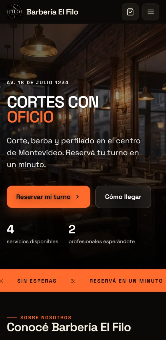 Página de Barbería El Filo en un celular