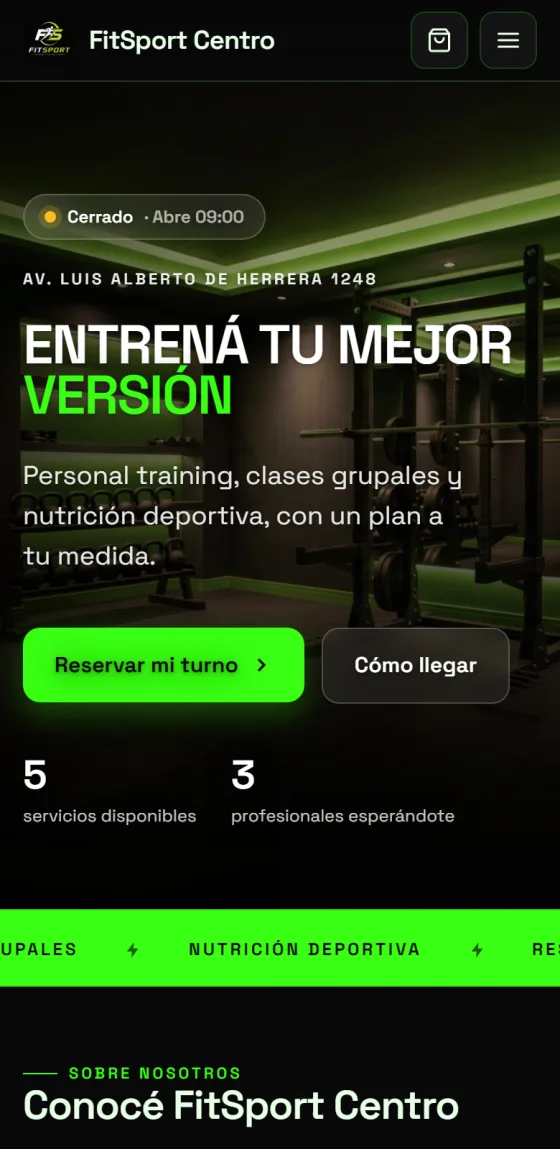 Página de FitSport Centro en un celular