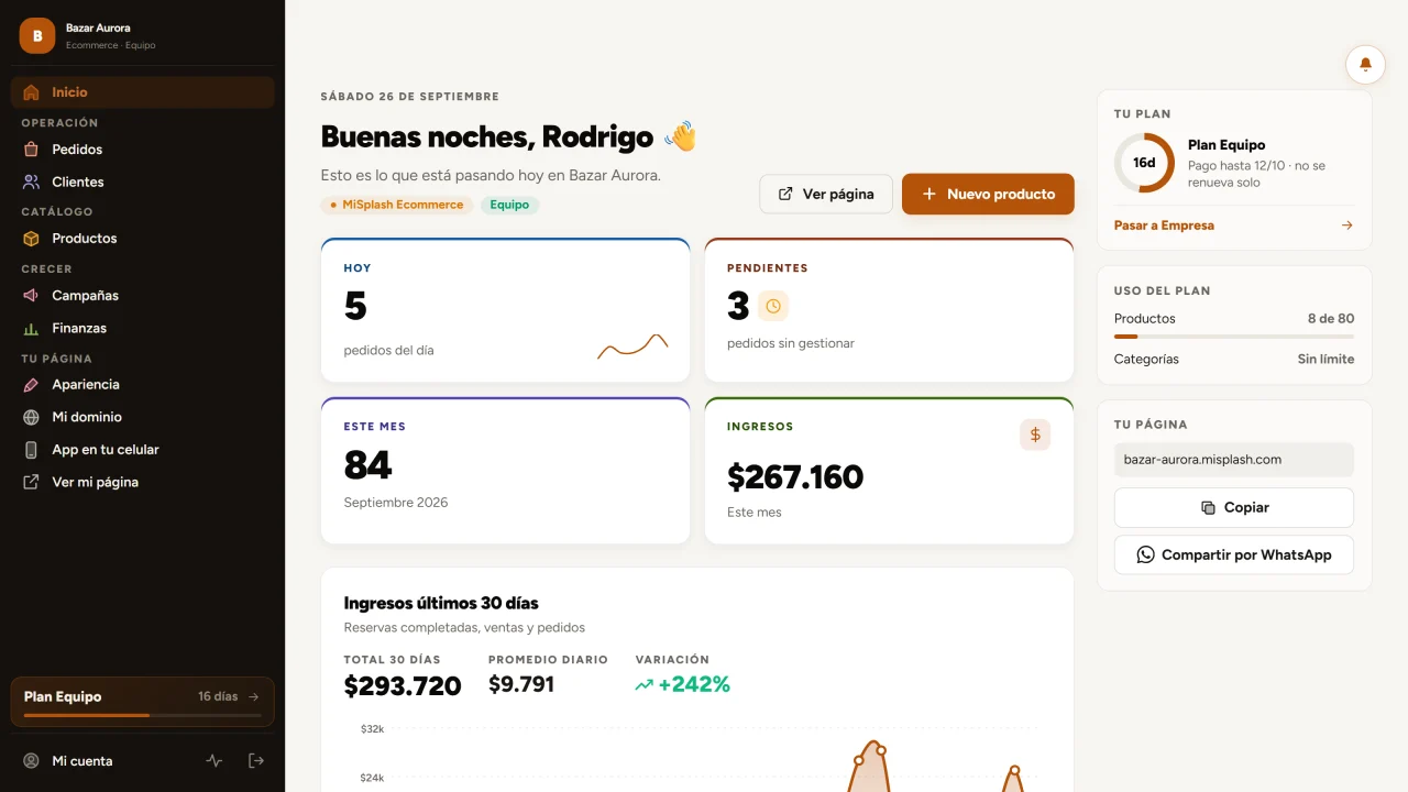Panel de Bazar Aurora con los pedidos del día y los ingresos del mes