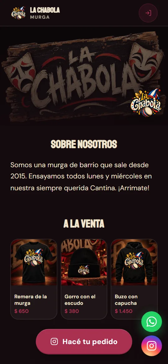 Página pública de La Chabola en el celular: la portada y los productos a la venta